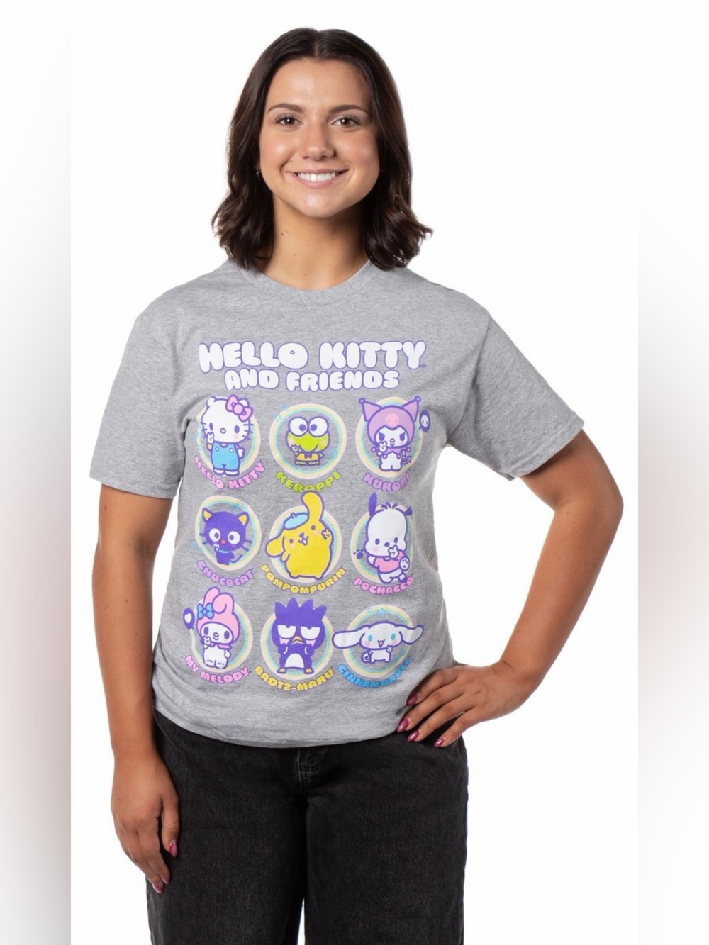 Sanrio Gray Hello Kitty Friends Graphic Tee with Purple Accents